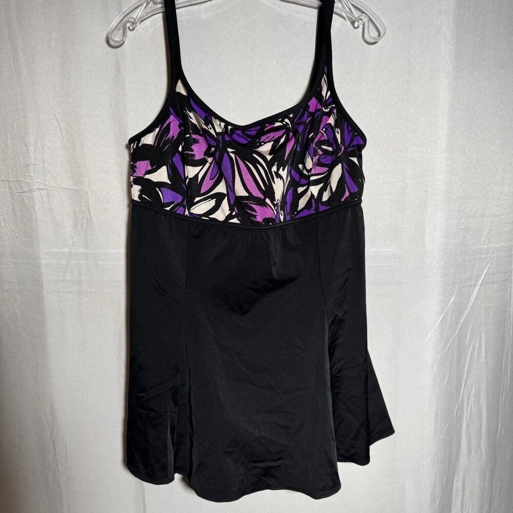 Inches  Away Swim Dress Size 16 Black Purple Tankini Skirted Swimsuit Beach